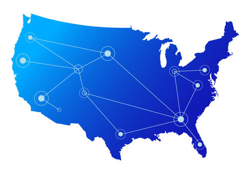 U.S. map with lines connecting to circles, symbolizing a network of communities.