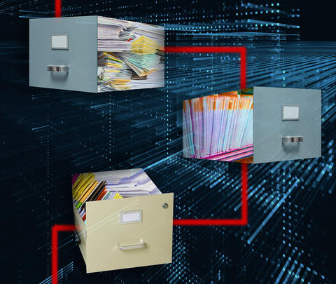 An illustration of three file cabinets connected by red lines to convey the metaphor of blockchain technology
