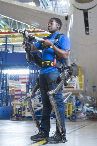 man in a Boeing exoskeleton