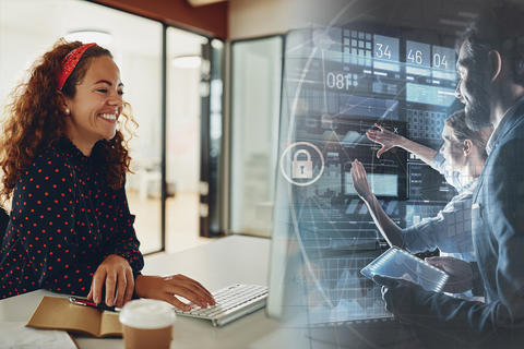 Paired images: a woman working at a computer while technicians examine code on screens