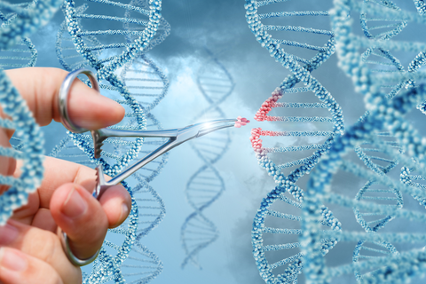 A photo illustration of a hand holding forceps editing DNA