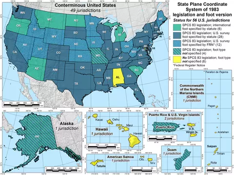 NGS map of the State Plane Coordinate System of 1983 legislation and U.S. survey foot adoption by jurisdiction