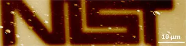 Non-destructive EFM phase image of metal lines buried beneath 800 nm thick glass, full scale change in contrast corresponds to 35 degree change in phase. The white bar is 10 µm.