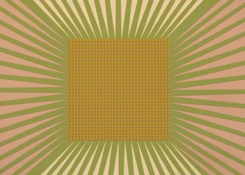 Square checkerboard with 32 squares on each side surrounded by sunbeam-like lines emanating out from around the board.