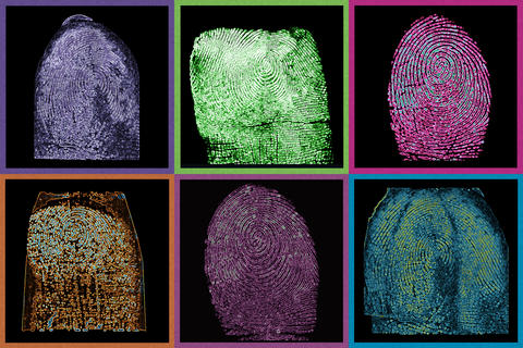 Biometric fingerprints colored Grid showing six fingerprints in different false colors.