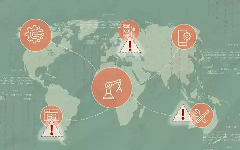 An orange world map overlaid with a network of connected products and computer code, plus two exclamation points in triangles.