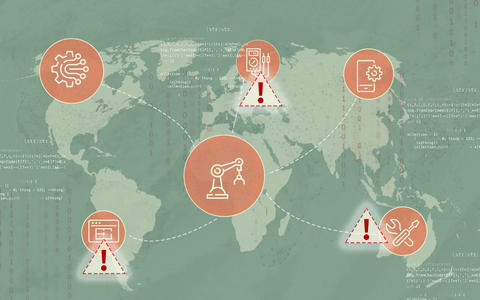 An orange world map overlaid with a network of connected products and computer code, plus two exclamation points in triangles.