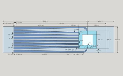 Drawing in varios shades of blue showing a waveguide design for radio frequency signals.