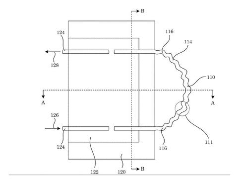 The figure shows a microfabricated optical probe with the following components: 110 - optical loop, 111 – structured region of 110, 114 – optical waveguide, 116 – first arm of optical  waveguide, 120 – substrate, 122 – optical cladding layer, 124 – first single mode optical fiber, 126 – primary light, and 128 – output light.