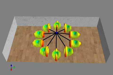 Computer visualization showing small blue ball with 10 black spindles emanating from it, with multicolored brush-like clouds at the end of each spindle in a room with wood-paneled floors.