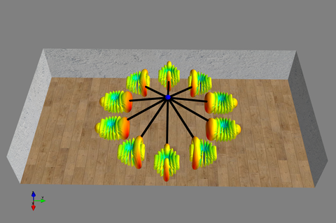 NIST Visualization Tool for 5G Systems Computer visualization showing small blue ball with 10 black spindles emanating from it, with multicolored brush-like clouds at the end of each spindle in a room with wood-paneled floors.