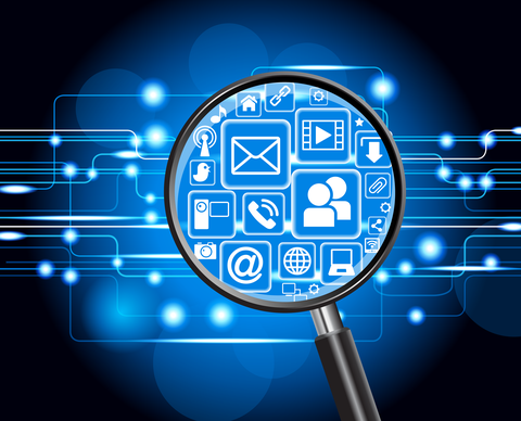 Illustration shows magnifying glass over networked icons for digital materials like email, social media, and others.