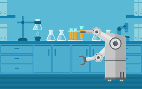 a cartoon robot in a lab moving beakers full of orange liquid