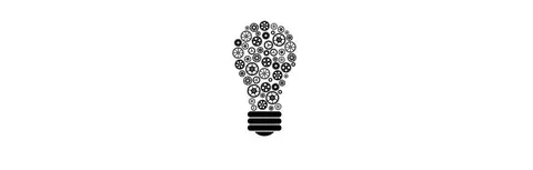 A black and white illustration of a light bulb with different sized and shaped gears as the bulb