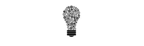 A black and white illustration of a light bulb with different sized and shaped gears as the bulb