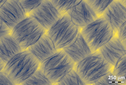 Micrograph shows woven fibers in diagonal pattern. 
