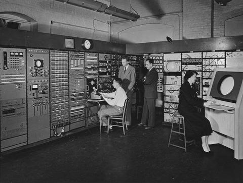 Stephen Dodd, Jay Forrester, Robert Everett, and Ramona Ferenz at Whirlwind I test control in the Barta Building, 1950.