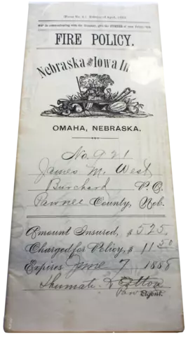 Folded Nebraska & Iowa Insurance Co., Insurance Policy Against Loss or Damage by Fire or Lightning Omaha, NE, 1883, document, printed and filled in by hand.