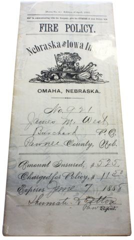 Folded Nebraska & Iowa Insurance Co., Insurance Policy Against Loss or Damage by Fire or Lightning Omaha, NE, 1883, document, printed and filled in by hand.