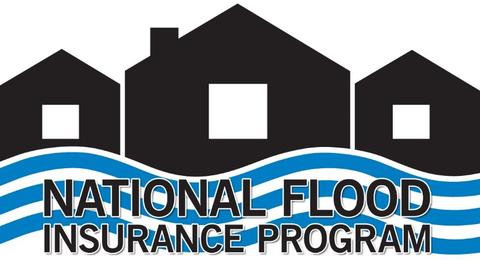 National Flood Insurance Program Logo, graphic of three houses with water