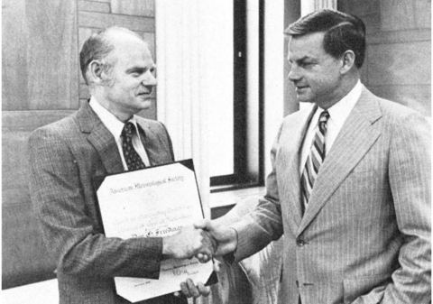 Photograph of when Don Friedman (left) returned to Hartford from Albany and was congratulated by Edward H. Budd (right), President of the Travelers Insurance Companies, on receiving the AMS Award for Outstanding Contribution to the Advance of Applied Meteorology. Bulletin American Meteorological Society, Vol. 57, No. 8, August 1976, page 1037