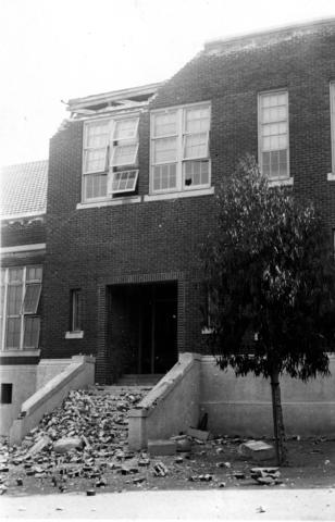 Earthquake of March 10, 1933 damage to John Muir School, Pacific Ave. in Long Beach. View showing damage to School. March 19, 1933. Photo by W.L. Huber.