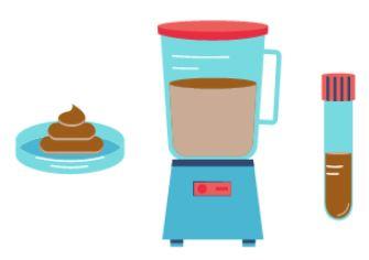 Simple illustration showing whole stool in a petri dish, blender, and test tube. 