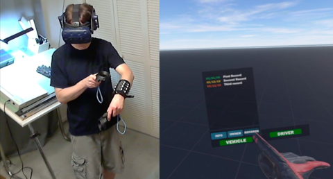 Man wearing a VR headset accompanying by a simulated VR environment