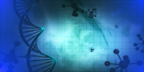 A grid behind some DNA and atom shapes. Graphic design.