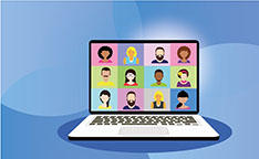 FLC National Meeting Stock Photo A blue background with a laptop. On the screen on the laptop is a diverse group of cartoon-like people, like they're on a webinar.