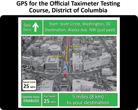 Graphic creation of a GPS for the Official Taximeter Testing Course, District of Columbia with 1930s aerial image of Scott Circle, DC. 