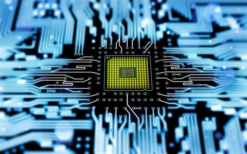 A close-up view of a circuit board shows a square with yellow dots surrounded by blue lines.