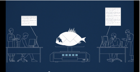 Illustration shows a toothy fish on a scale with people working on computers.