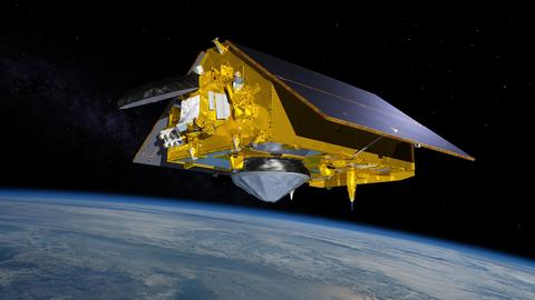 An artist's rendition of the Sentinel-6 Michael Freilich spacecraft in orbit above Earth