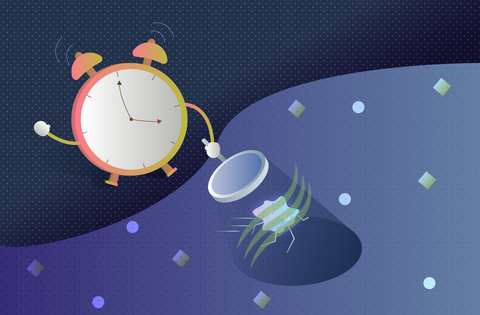 Cartoon clock looks for dark matter Cartoon alarm clock holds magnifying glass and runs after a splat representing a particle covered with squiggly lines representing a field.