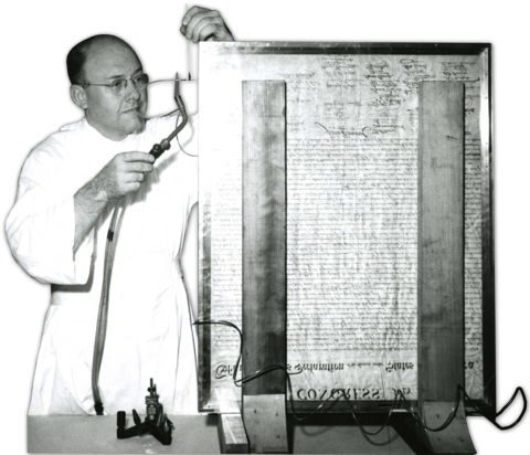 Photograph of work being done on the enclosure of the Declaration of Independence, 1952.