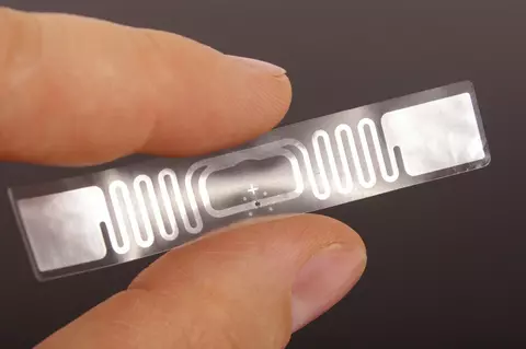 a hand holding an RFID tag, a thumb-length plastic object with antennae