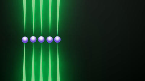 Row of five purple spheres, each held top and bottom by tips of long green probes, on black background.