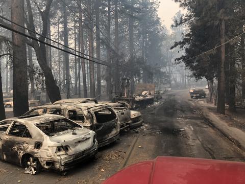 Abandoned vehicles alongside a charred road.