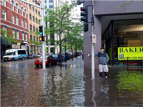 A flooding street corner