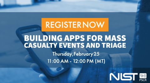 A web banner prompting users to register for the "Building Apps for Mass Casualty Events and Triage" webinar on February 25 at 11:00 AM.
