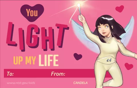 Pink background. Candela character. Hearts. Text: You light up my life. To and From lines at bottom.