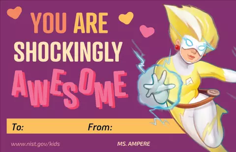 Purple background. Ms. Ampere character. Hearts. Text: You are shockingly awesome. To and From lines at bottom.