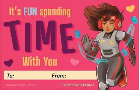 Pink background. Professor Second character. Hearts. Text: It's fun spending time with you. To and From lines.