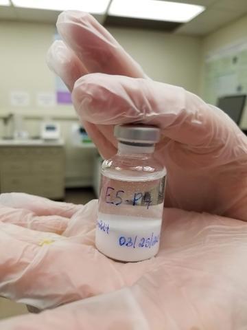 a pair of translucent gloved hands hold a small vial containing radium-224 adsorbed on calcium carbonate microparticles. 