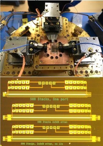 Figure 3: (Top) RF JAWS chip with microwave probes on the cold stage of a cryogenic probe station, and (bottom) a few of the Josephson junction circuits on the chip.