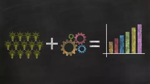 a graphic of lightbulbs plus gears equals an increasing column chart