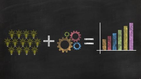 a graphic of lightbulbs plus gears equals an increasing column chart