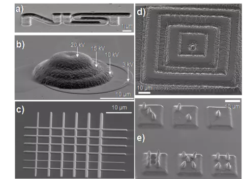 Patterns written using different beam parameters and imaged in SEM from polymer side on a tilted stage for electron beam in a), b), c) and for X-rays in d), e). Beam parameters used are a) 5 kV b) 20 kV, 15 kV, 10 kV 3 kV, c) 5 kV for varying currents d) 526 and 536 eV alternating squares. Center one is 526 eV. e) Shallow base written at 536 eV, the higher pillars are written at 536 eV.