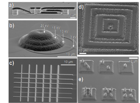 Patterns written using different beam parameters and imaged in SEM from polymer side on a tilted stage for electron beam in a), b), c) and for X-rays in d), e). Beam parameters used are a) 5 kV b) 20 kV, 15 kV, 10 kV 3 kV, c) 5 kV for varying currents d) 526 and 536 eV alternating squares. Center one is 526 eV. e) Shallow base written at 536 eV, the higher pillars are written at 536 eV.